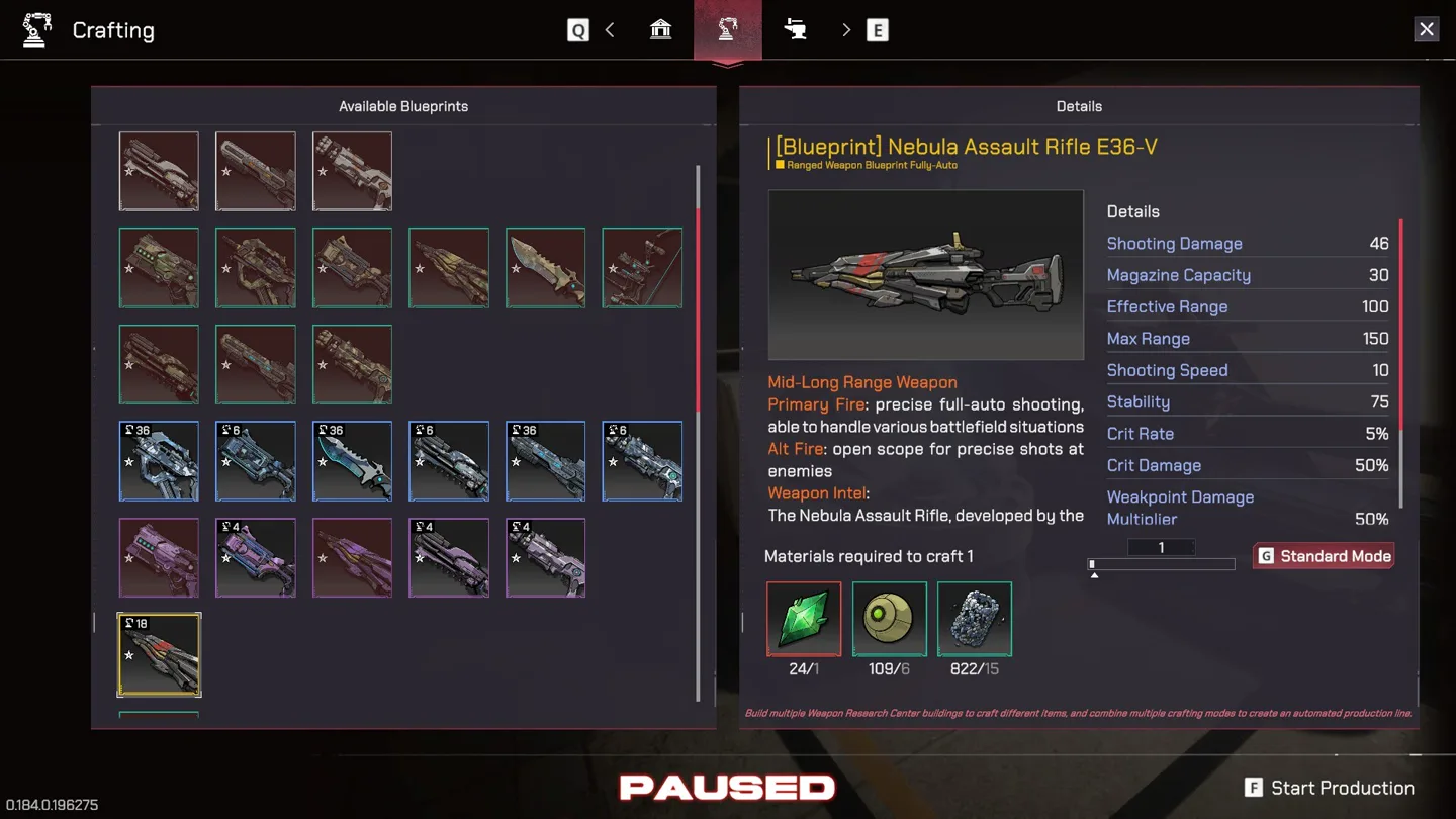 The current crafting screen for the Nebula Assault Rifle E36-V