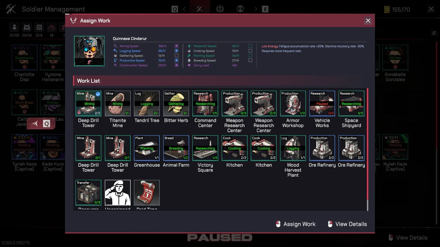 Current work assignment screen with attributes and building jobs